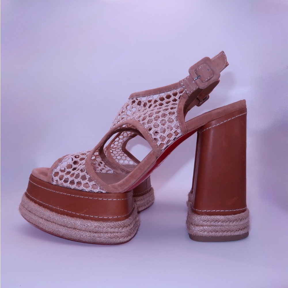 Christian Louboutin Almeja Crochet Platform Block Heel Sandals Beige Brown